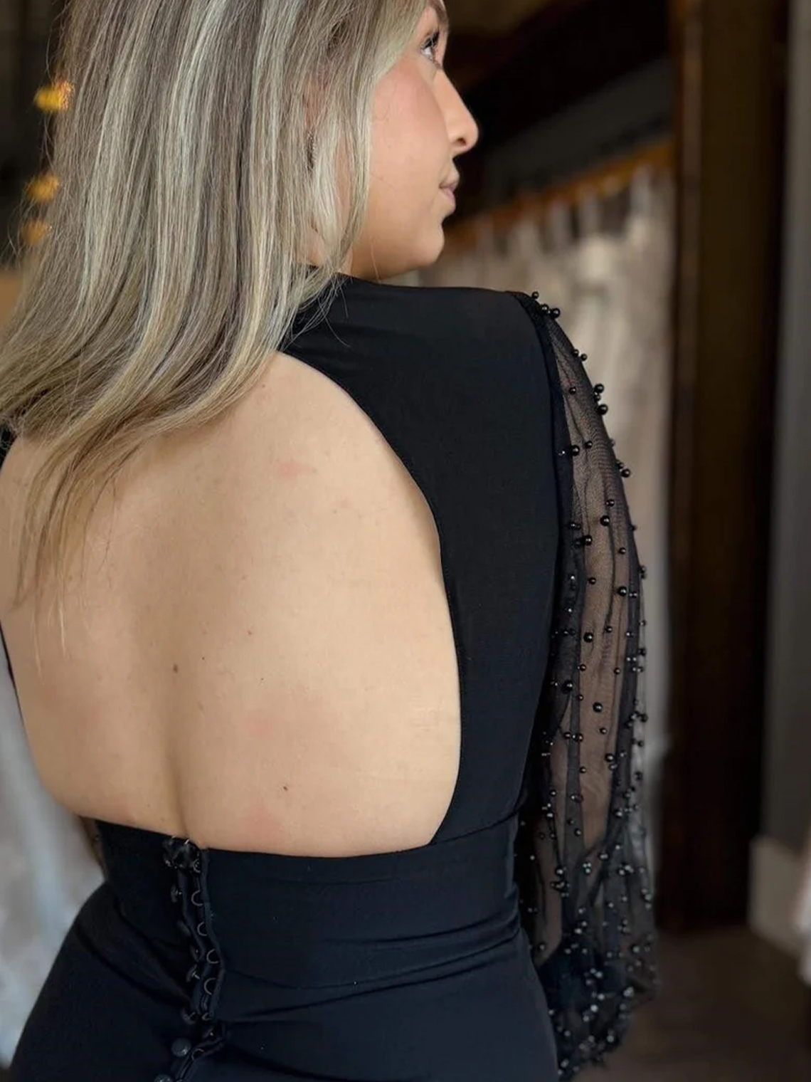 Mermaid Black Beaded V-Neck Backless Long Wedding Dress with Sleeves