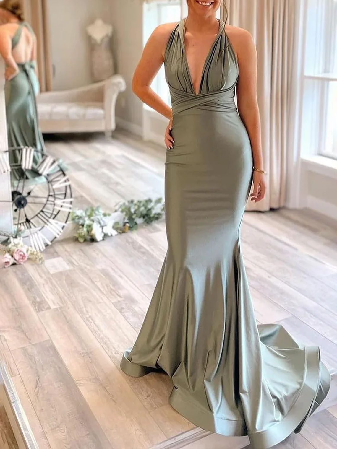 Mermaid Light Green Satin V Neck Convertible Bridesmaid Dress