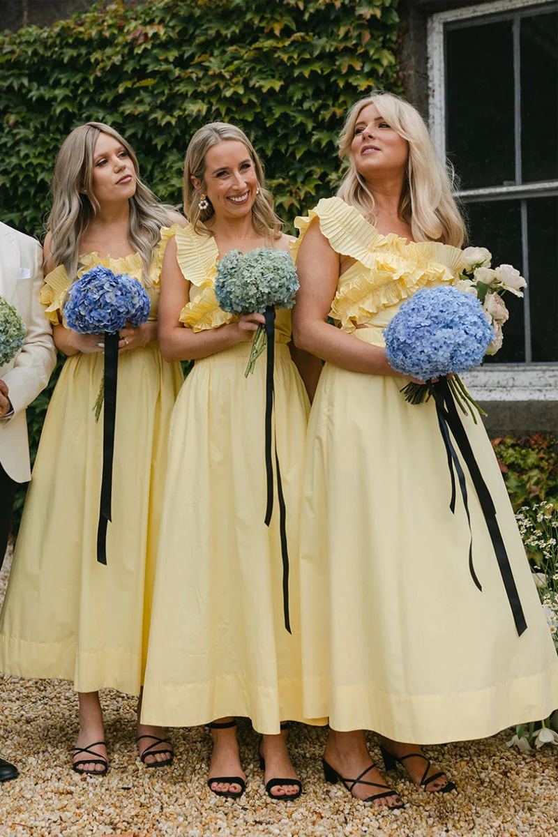 Off the Shoulder Ruffle Satin Ankle Length Yellow Bridesmaid Dresses