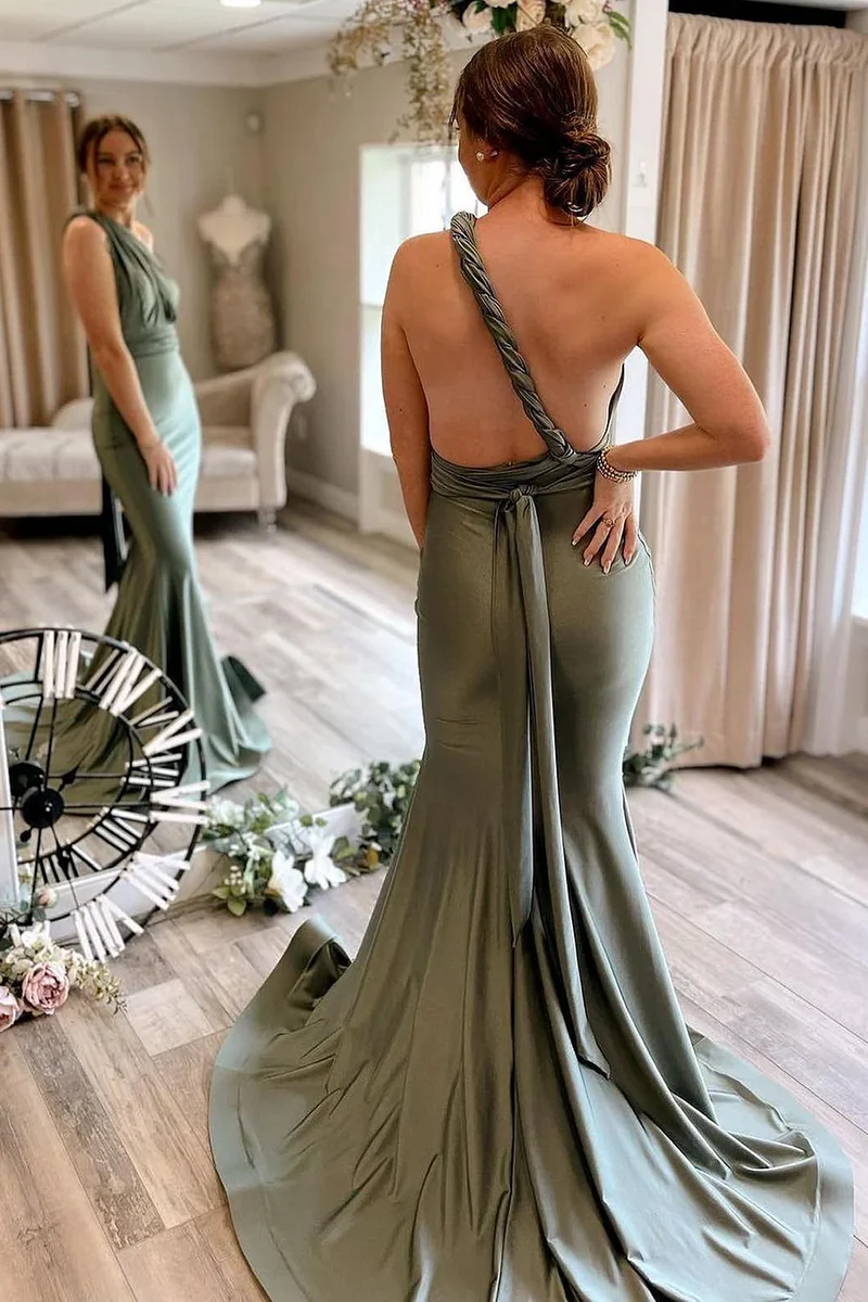 Mermaid Light Green Convertible Satin Prom Bridesmaid Dress