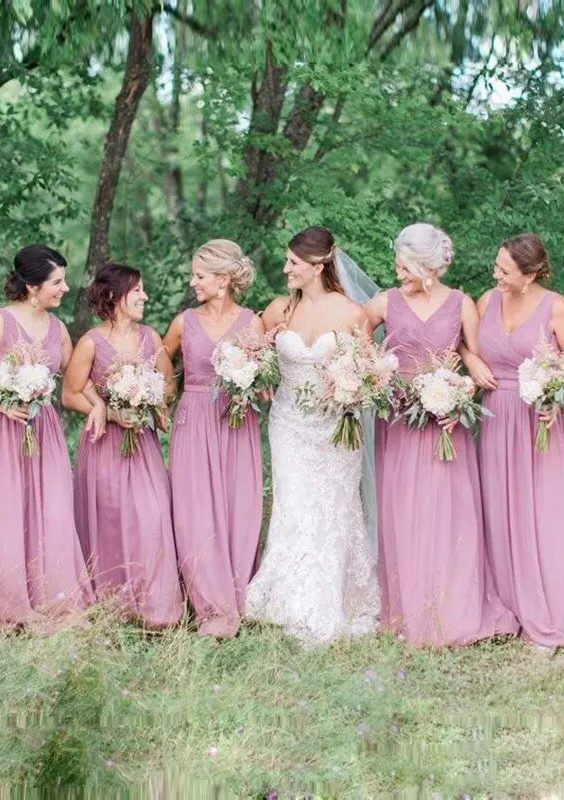 A-line V Neck Sleeveless Floor-Length Chiffon Bridesmaid Dresses