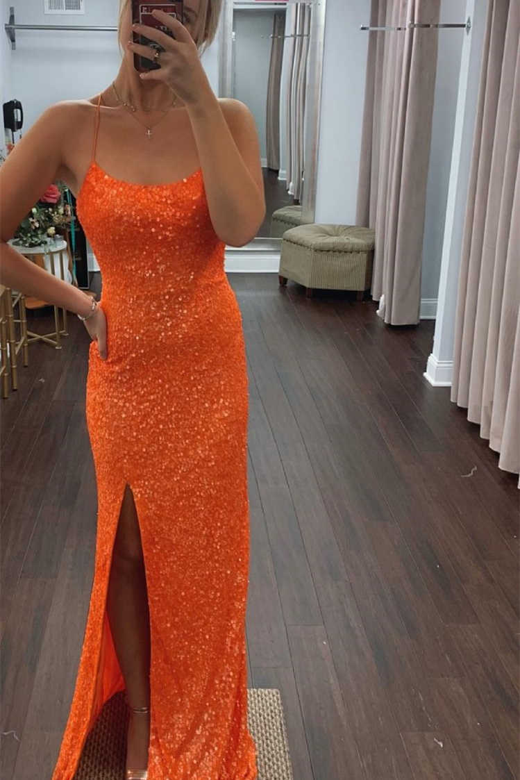 Mermaid Sequins Long Prom Dresses with Slit Evening Dresses