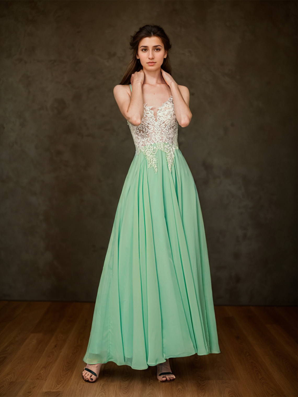 A-Line Evening Gown Sexy Prom Dresses Floor Length Slit Appliques