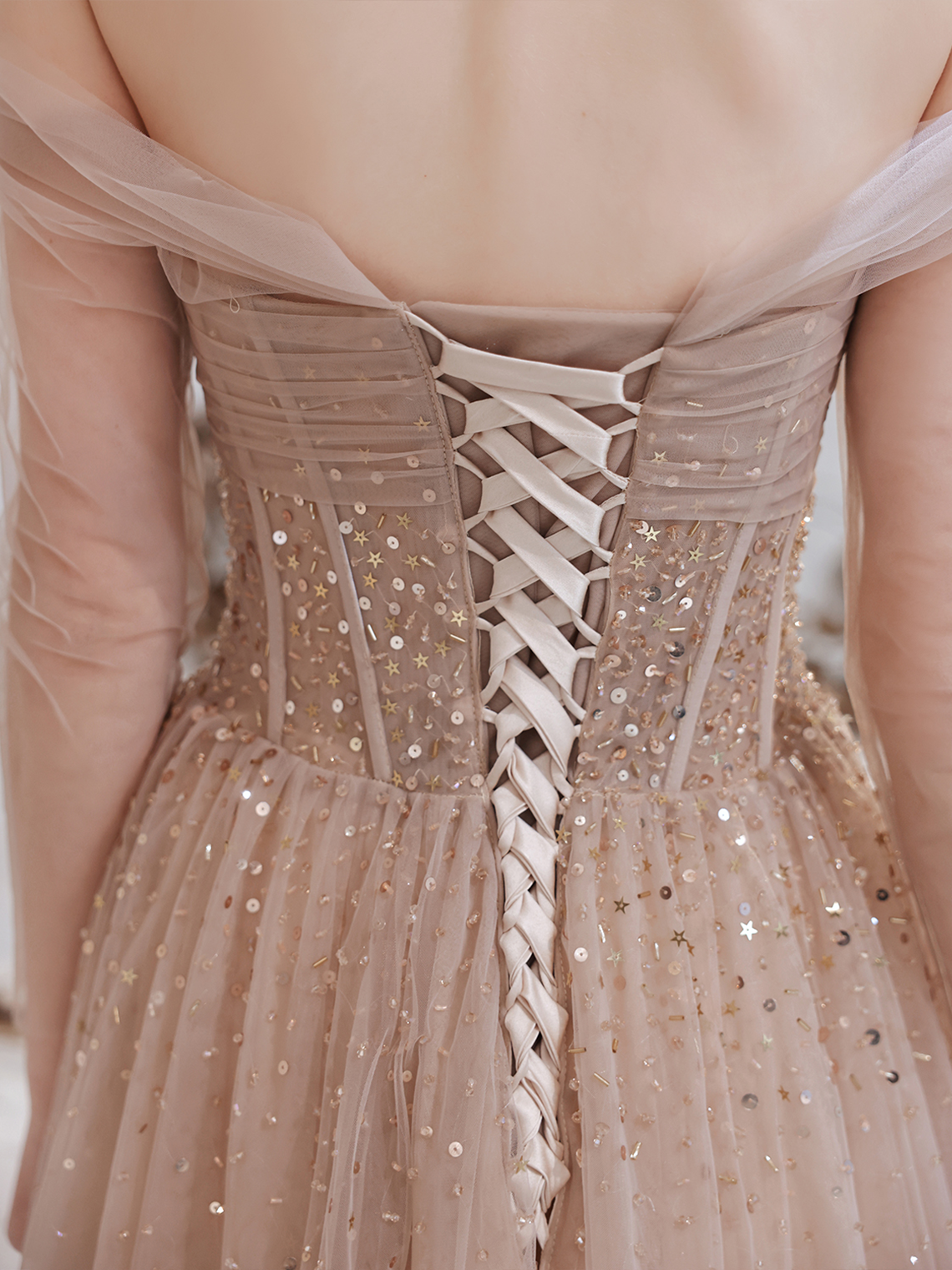 A-Line Glittering Evening Dress Prom Dress Off Shoulder Floor Length