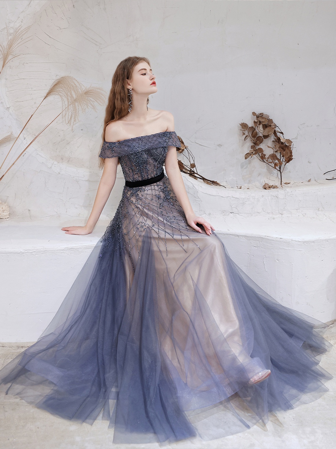 A-Line/Princess Evening Dress Elegant Formal Sparkle Beading Prom Gown