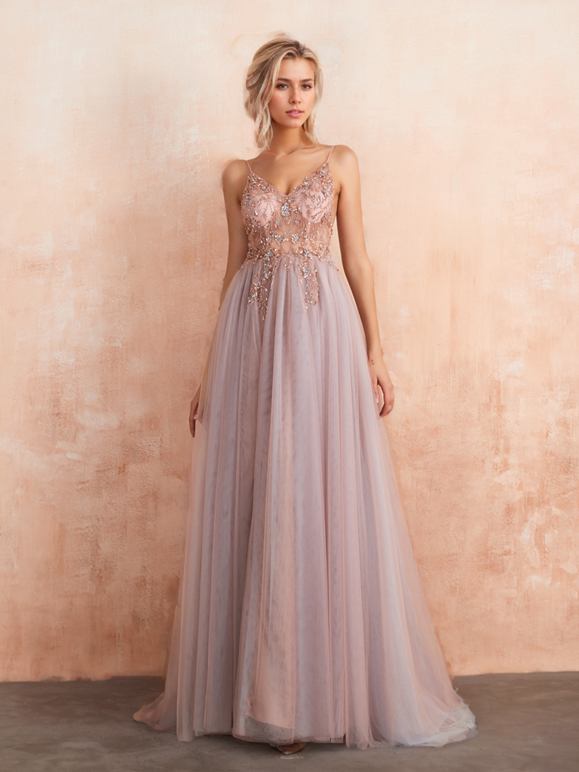 A-Line Evening Gown Formal Graduation Prom Dress V Neck Tulle Beading Slit