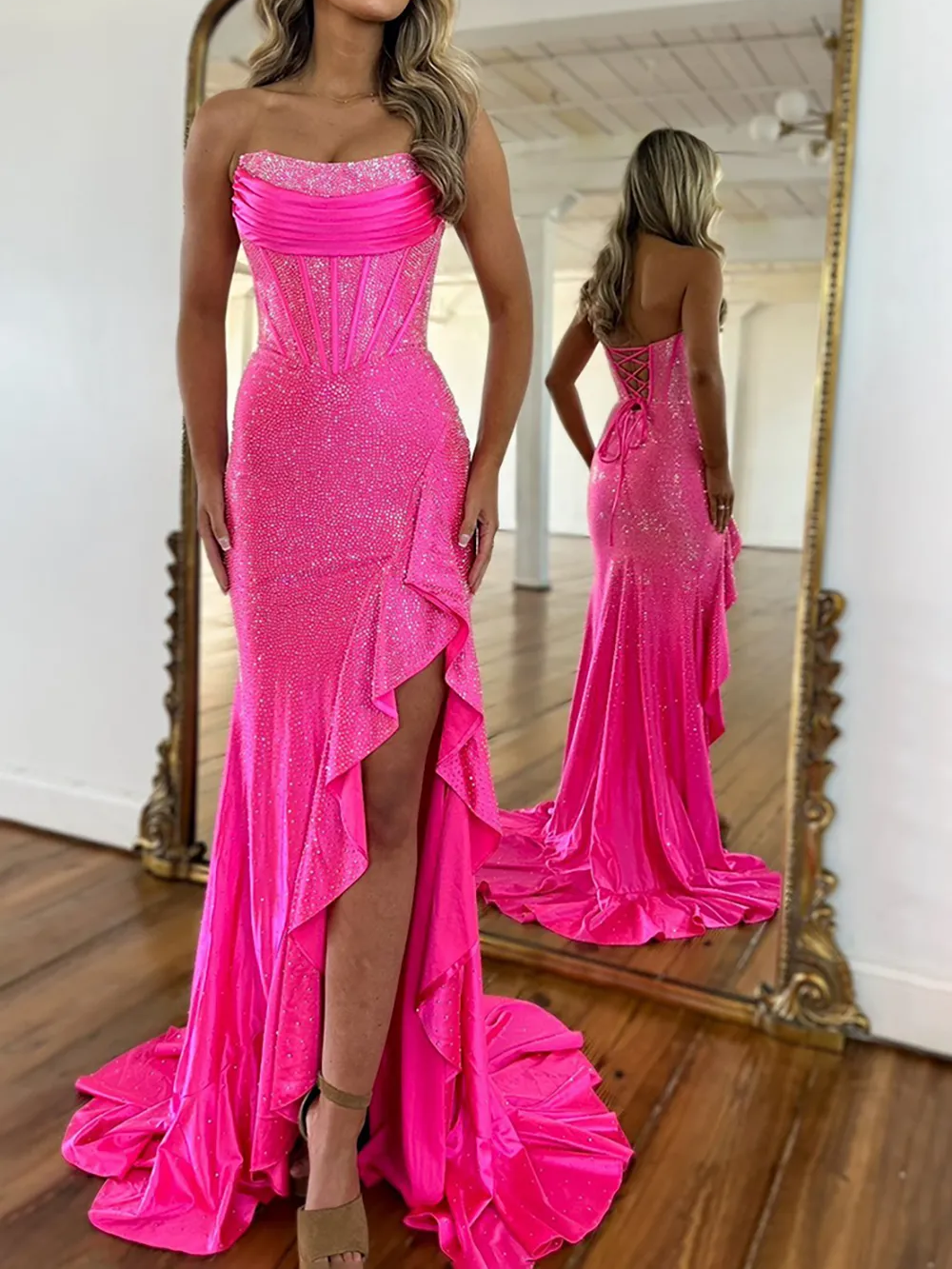 Sparkly Strapless Mermaid Beaded Ruffles Long Corset Prom Dress