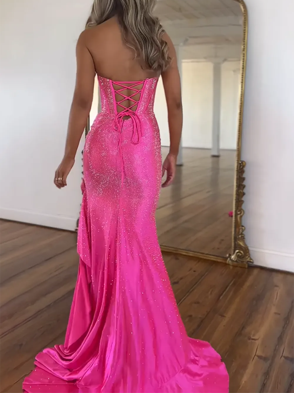 Sparkly Strapless Mermaid Beaded Ruffles Long Corset Prom Dress