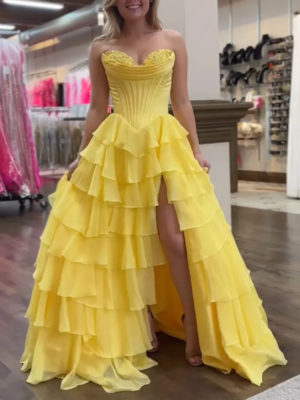 Princess Sweetheart Chiffon Ruffled Slit Long Corset Prom Dress