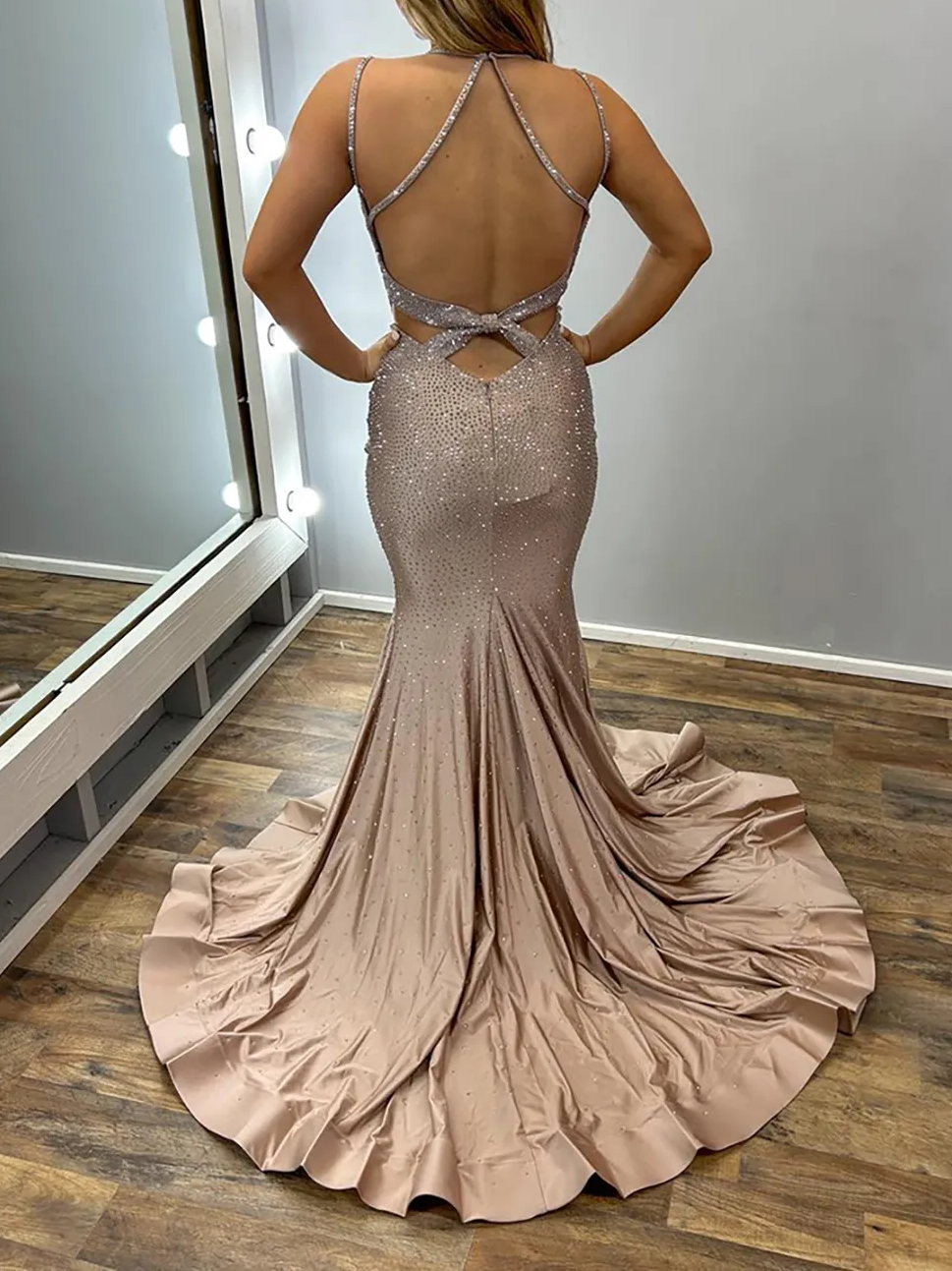 Mermaid  Sparkly Gold V-Neck Spaghetti Straps Long Prom Dress