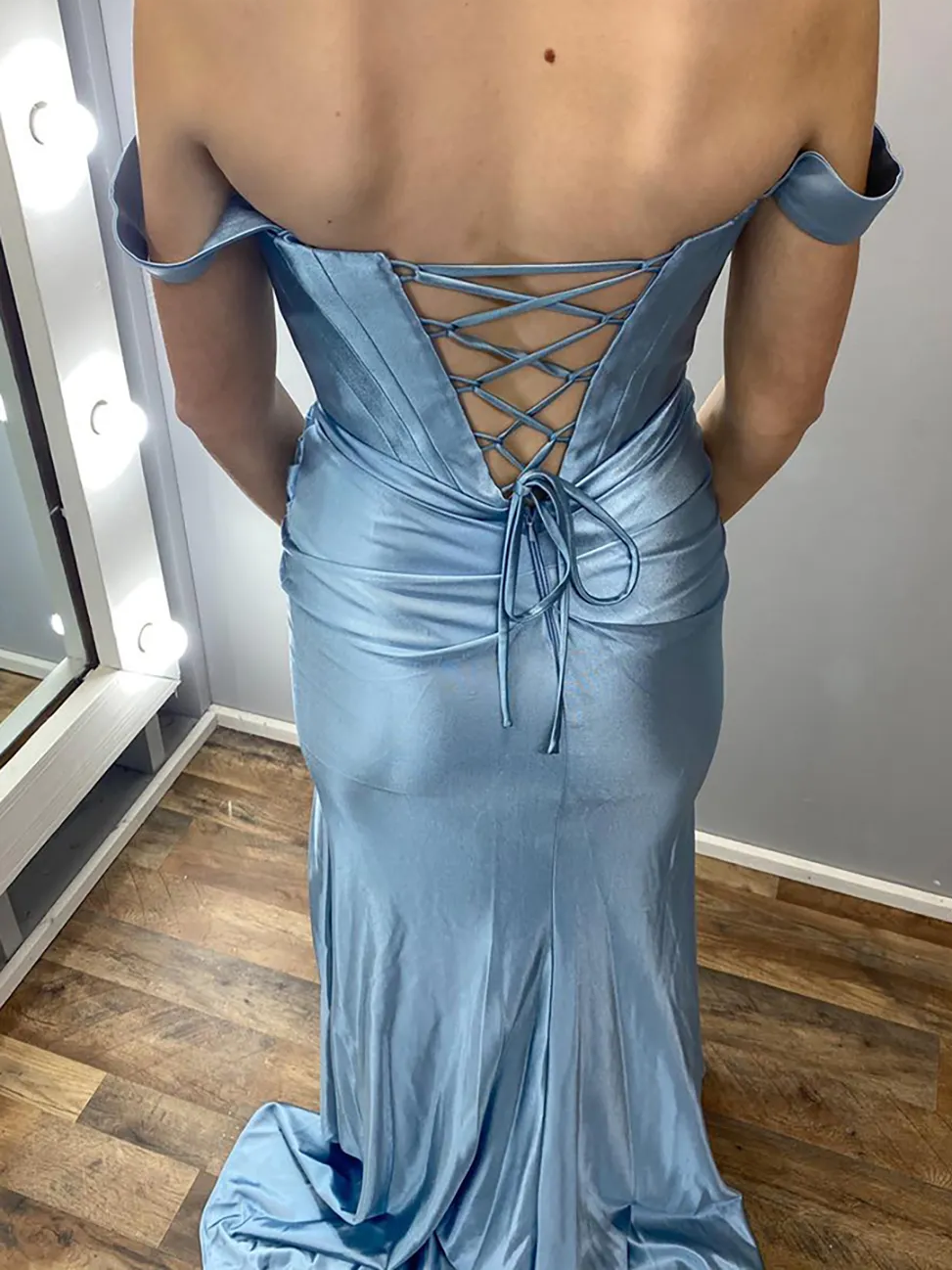 Mermaid Satin Off the Shoulder Sleeveless Long Corset Prom Dress