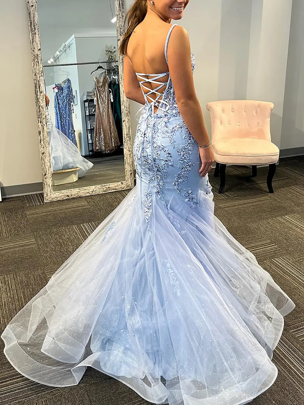 Mermaid Spaghetti Straps Long Corset Appliques Prom Dress