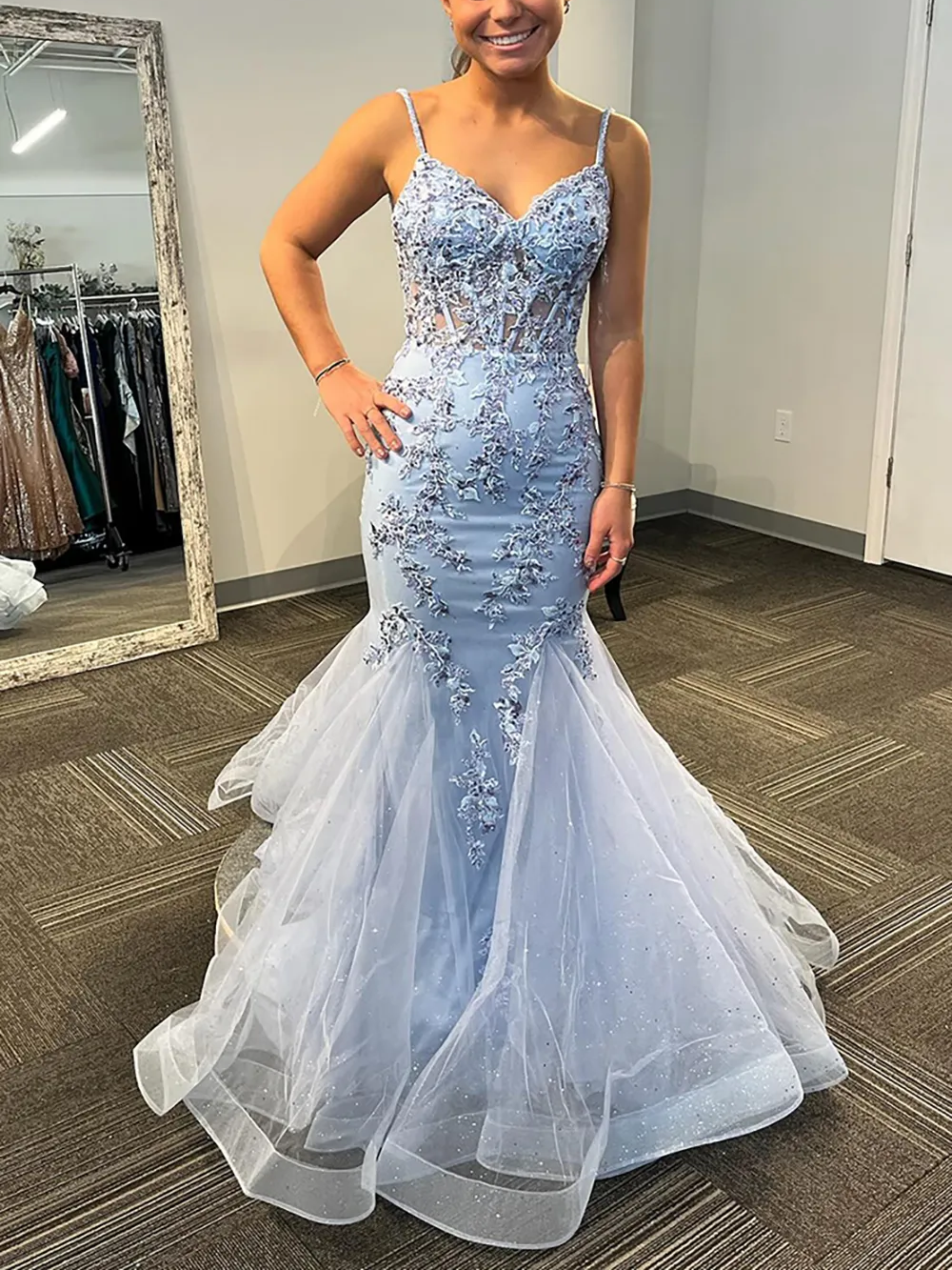 Mermaid Spaghetti Straps Long Corset Appliques Prom Dress