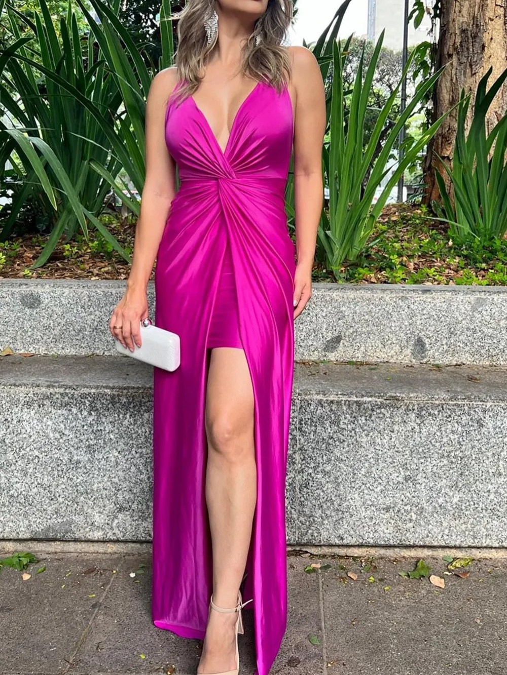 Spaghetti Straps Sheath Satin Ruched Long Prom Dress