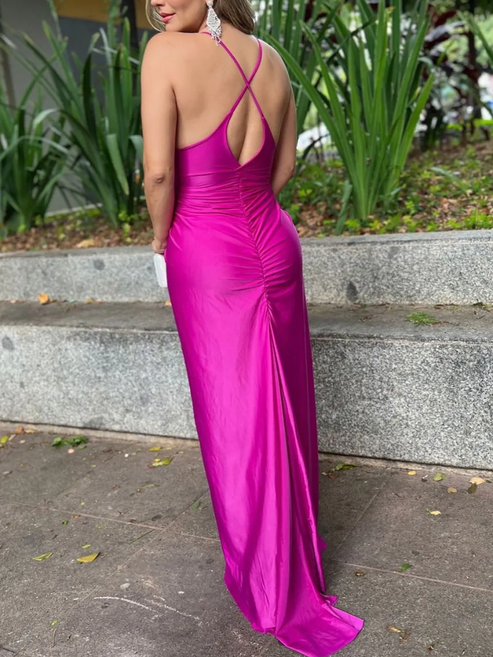 Spaghetti Straps Sheath Satin Ruched Long Prom Dress