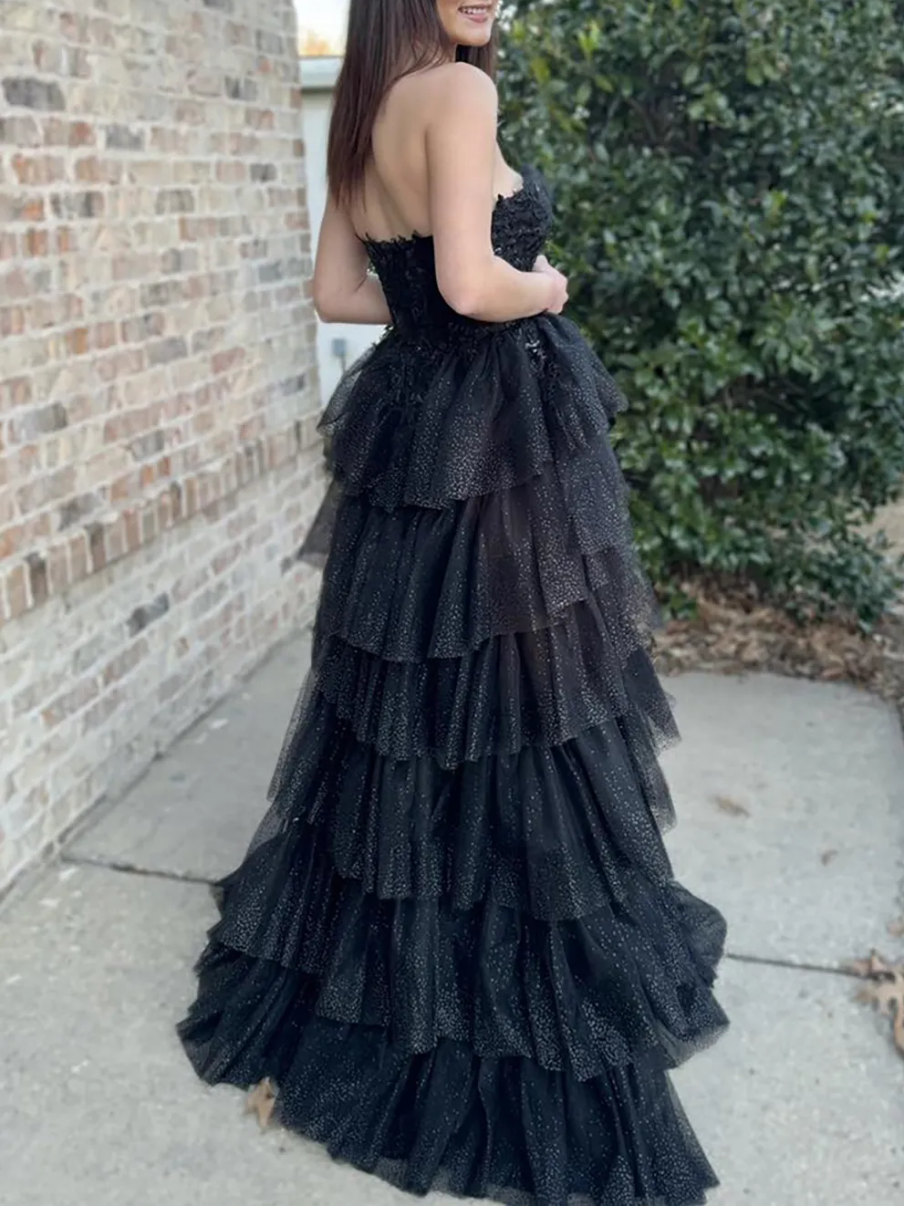 Sweetheart Princess Tulle Tiered Appliqued Slit Long Prom Dress