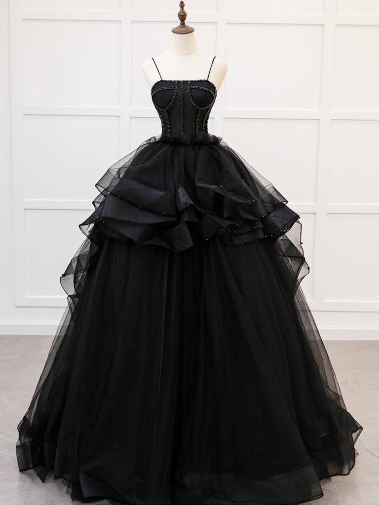 A-Line Tulle Beads Black Quinceanera Dress Evening Dresses in Black, US2