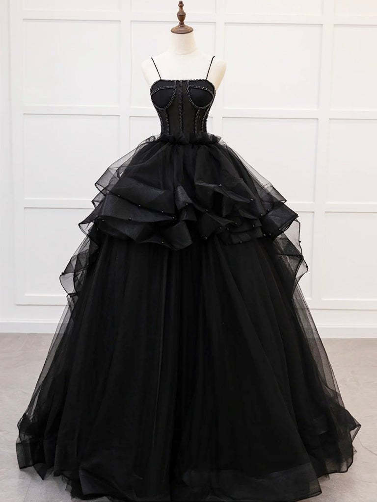 A-Line Tulle Beads Black Quinceanera Dress Evening Dresses in Black, US2