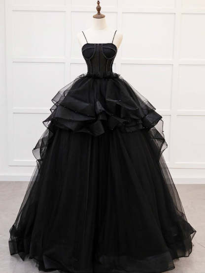 A-Line Tulle Beads Black Quinceanera Dress Evening Dresses in Black, US2