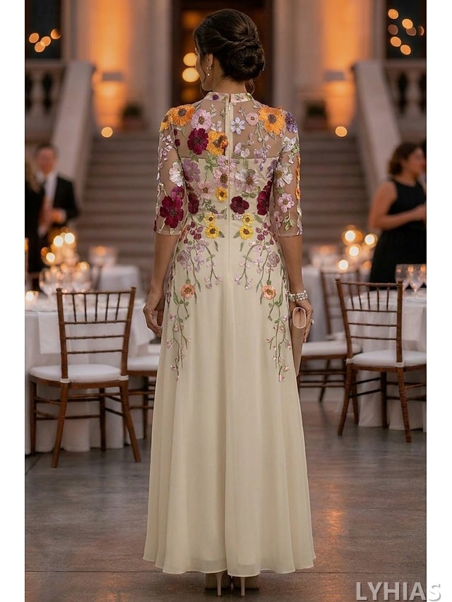 A-Line Mother of the Bride Dresses Floor Length with 3D Flowers 3/4 Length Sleeve V Neck Chiffon