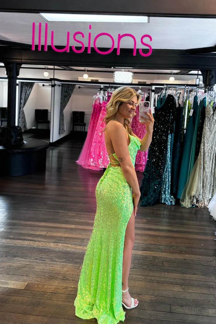 Mermaid/Trumpet Slit Sequins Cowl Neck Sweep/Brush Train Long Prom Dress Evening Dress