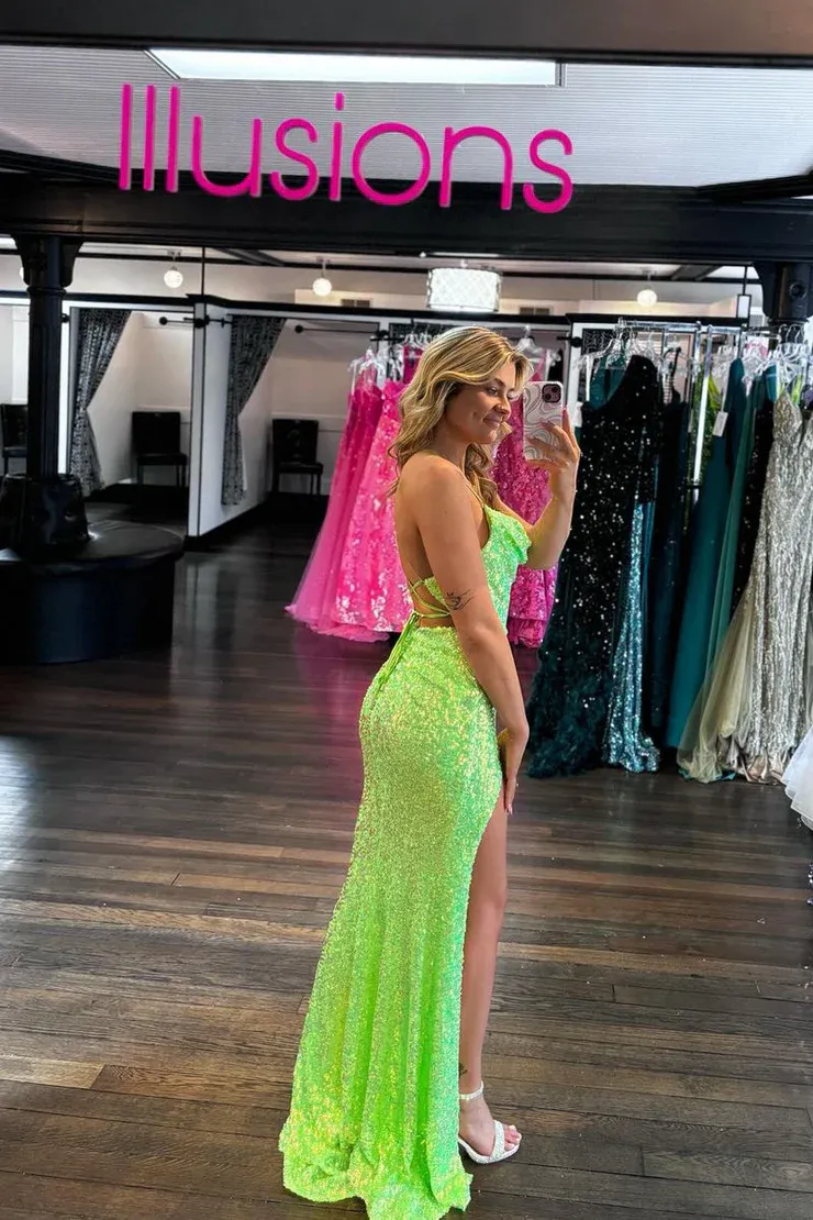 Mermaid/Trumpet Slit Sequins Cowl Neck Sweep/Brush Train Long Prom Dress Evening Dress