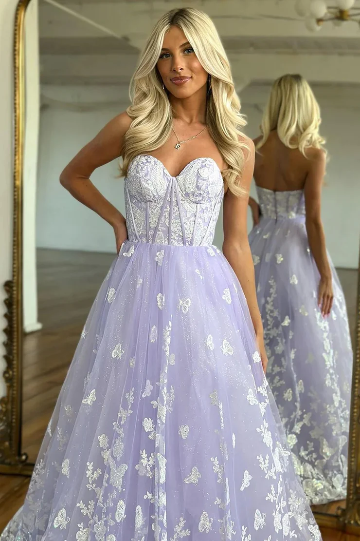 A-Line&Princess Tulle Off-the-Shoulder Lace Appliques Sweetheart Corset Prom Dress Evening Dress