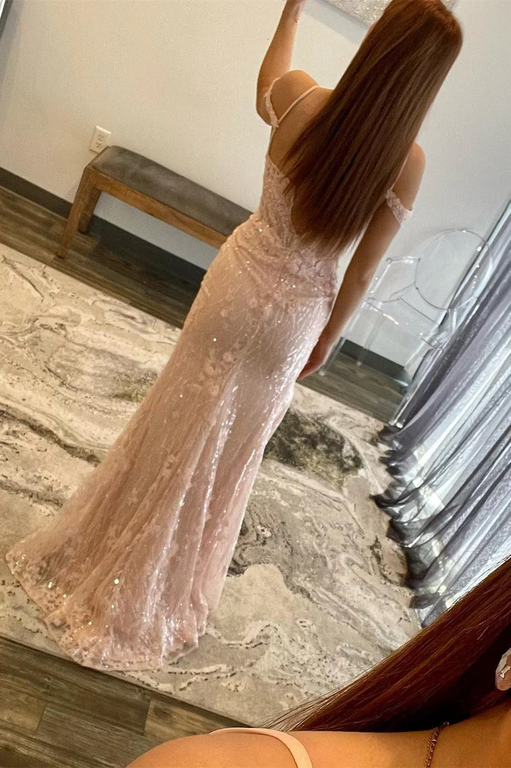 Mermaid/Trumpet Sequined Slit Cold-Shoulder Lace Appliques Floral Long Prom Dress Evening Dresses