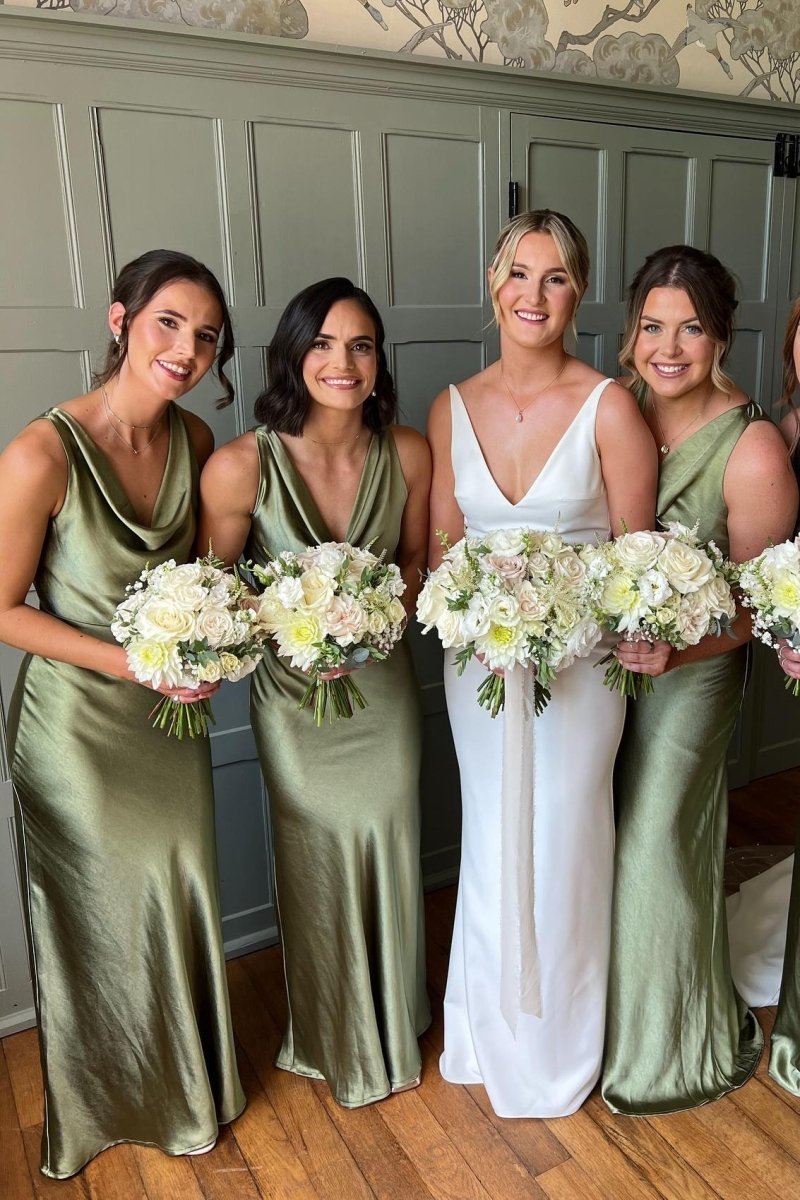 Cowl Neck Sage Green Sheath Spandex Long Bridesmaid Dresses, product image 1