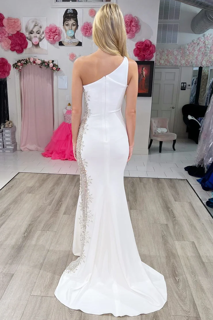 Satin Mermaid/Trumpet One-Shoulder Beaded Lace Appliques Mesh Long Formal Dress Evening Dress