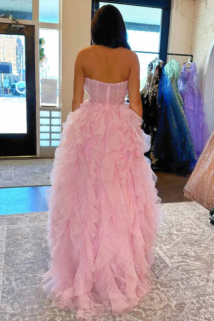 A-Line&Princess Tulle Sweetheart Ruffle Sweep/Brush Train Long Prom Dress Long Prom Dress