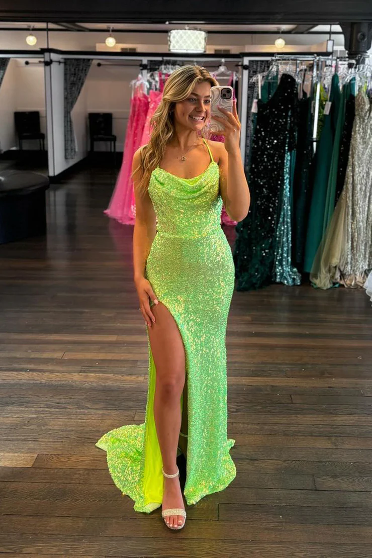 Mermaid/Trumpet Slit Sequins Cowl Neck Sweep/Brush Train Long Prom Dre
