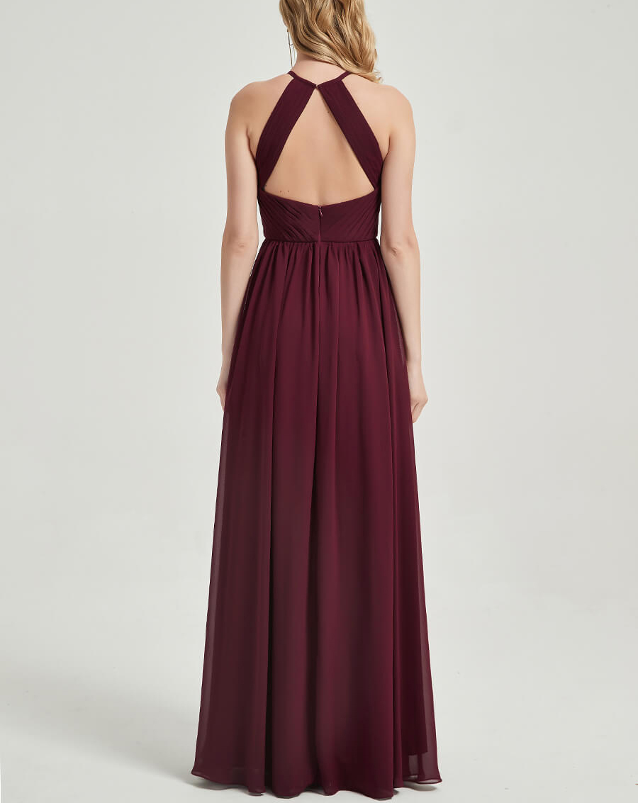 A-Line Sleeveless Floor-Length Halter Ruched Long Bridesmaid Dress