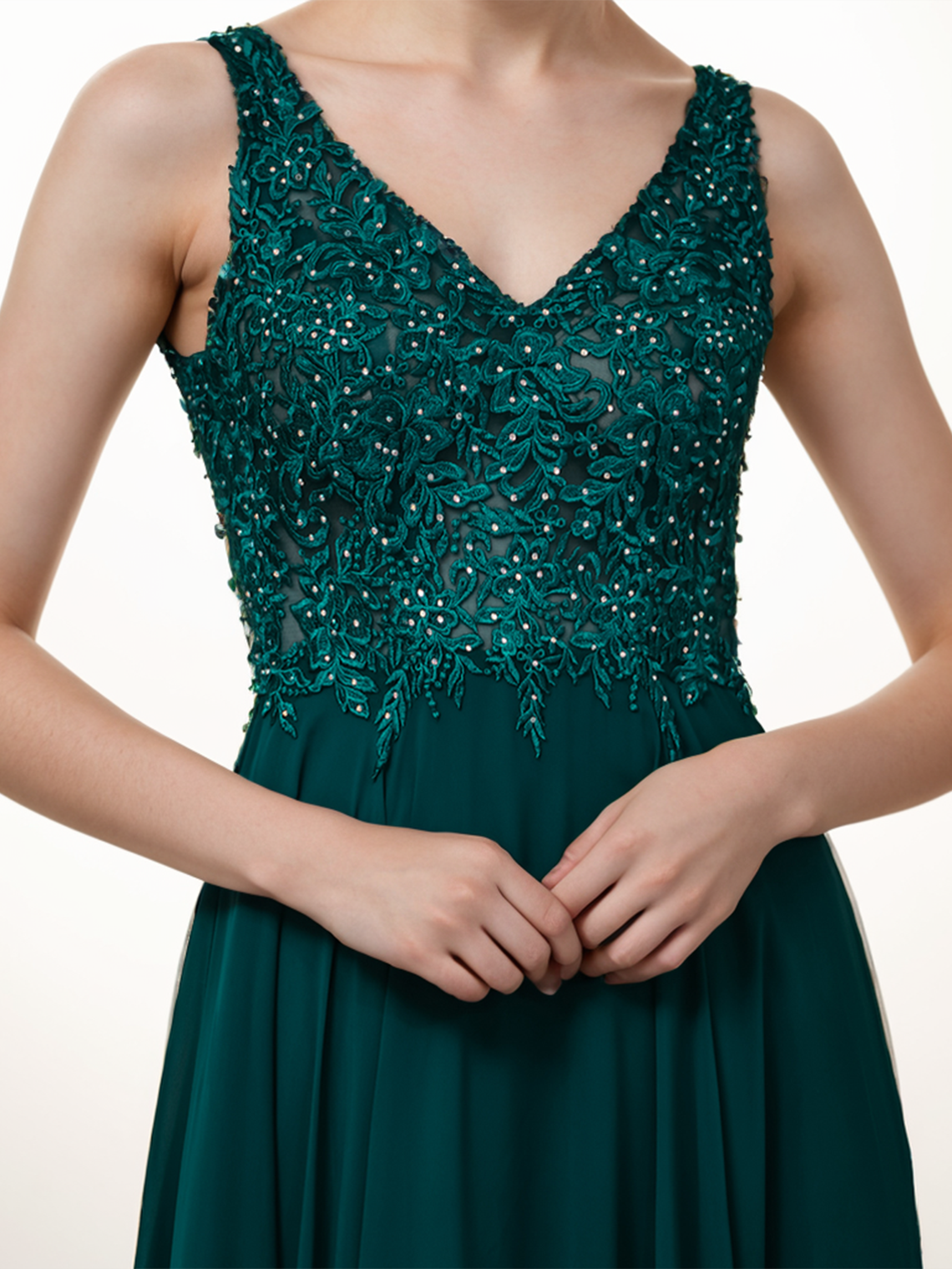 A-Line Prom Gown Evening Dress Floor Length Sleeveless V Neck Beading