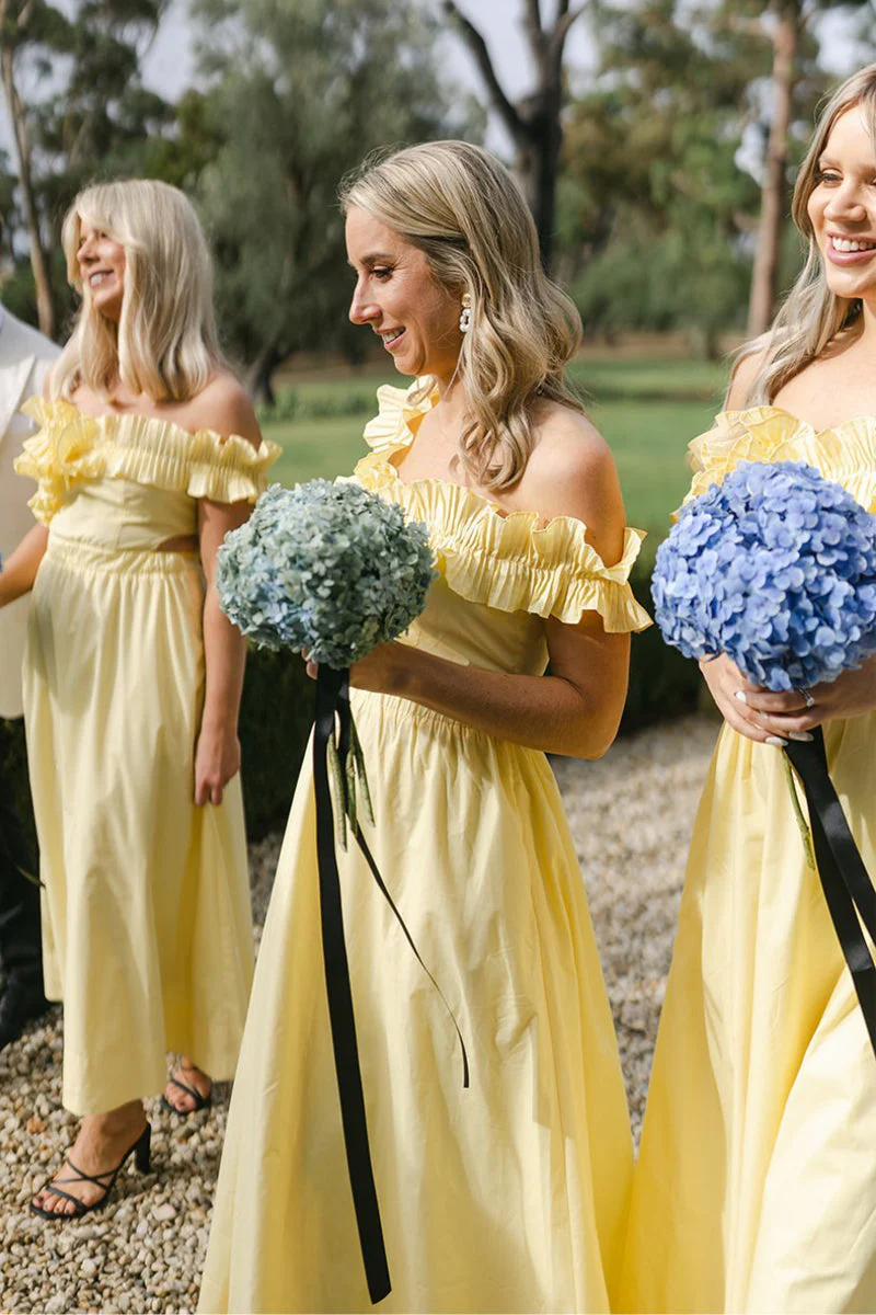 Off the Shoulder Ruffle Satin Ankle Length Yellow Bridesmaid Dresses