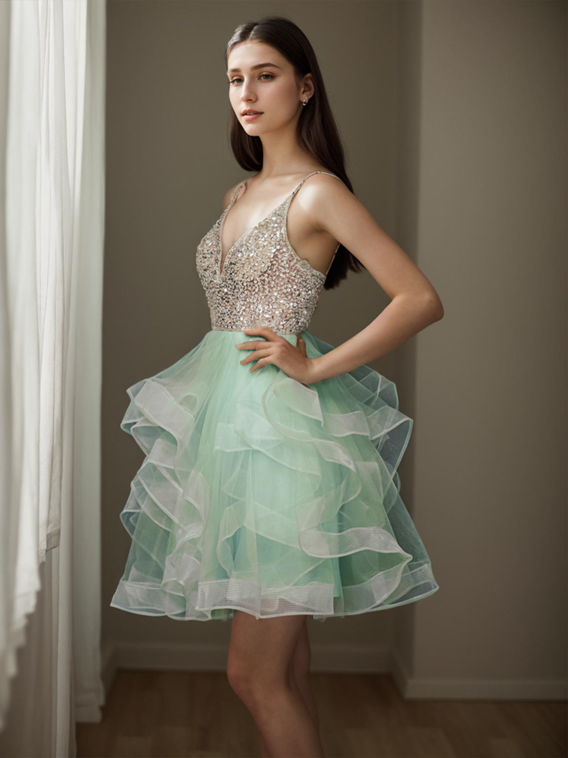 A-Line Glittering Homecoming Dresses Tiered Plisse Cocktail Party Dress