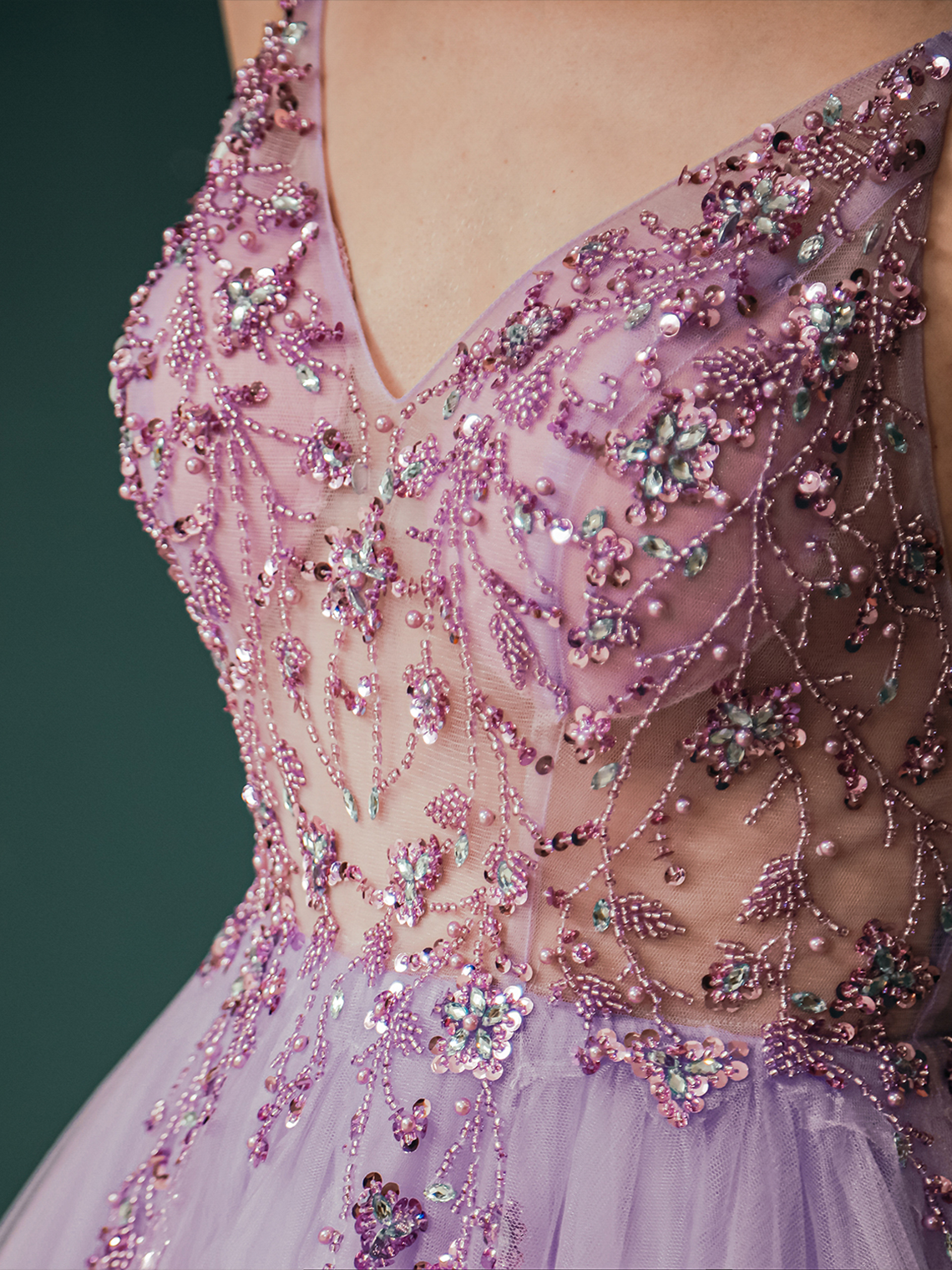 A-Line Sparkle Prom Gown Evening Dress Beading V Neck Floor Length