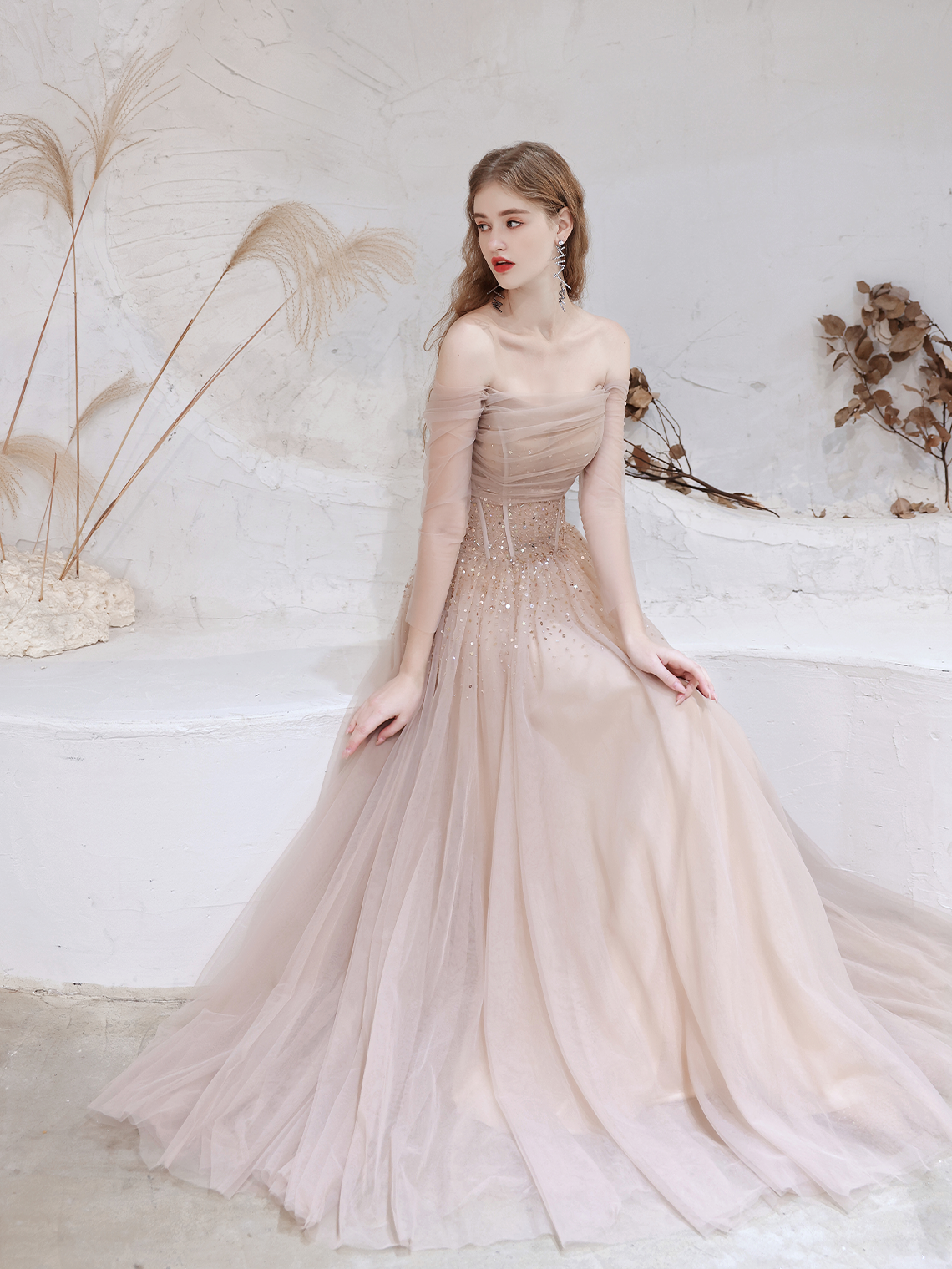 A-Line Glittering Evening Dress Prom Dress Off Shoulder Floor Length