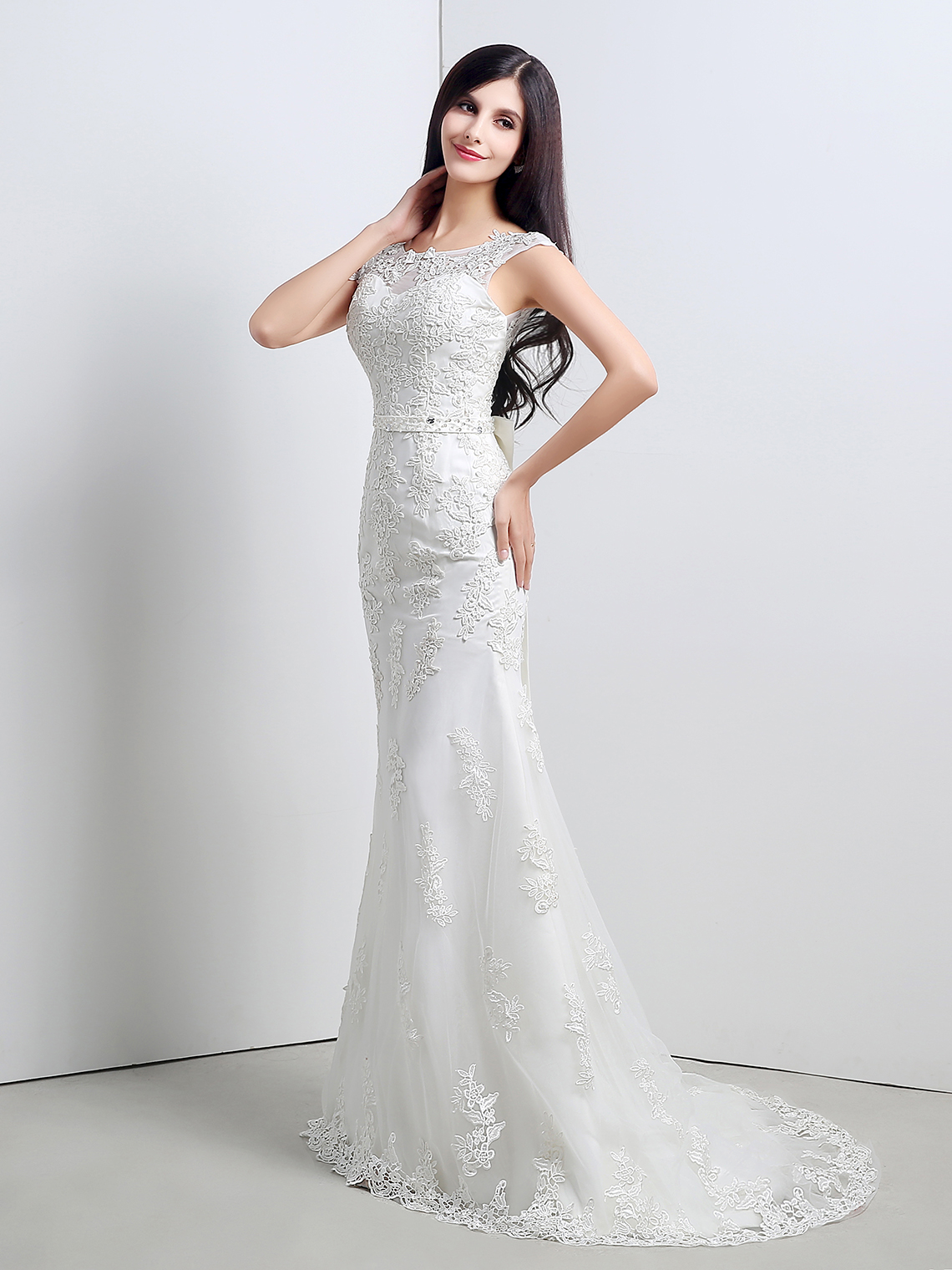 Mermaid/Trumpet Elegant Wedding Dress Illusion Neck Lace with Bow knot