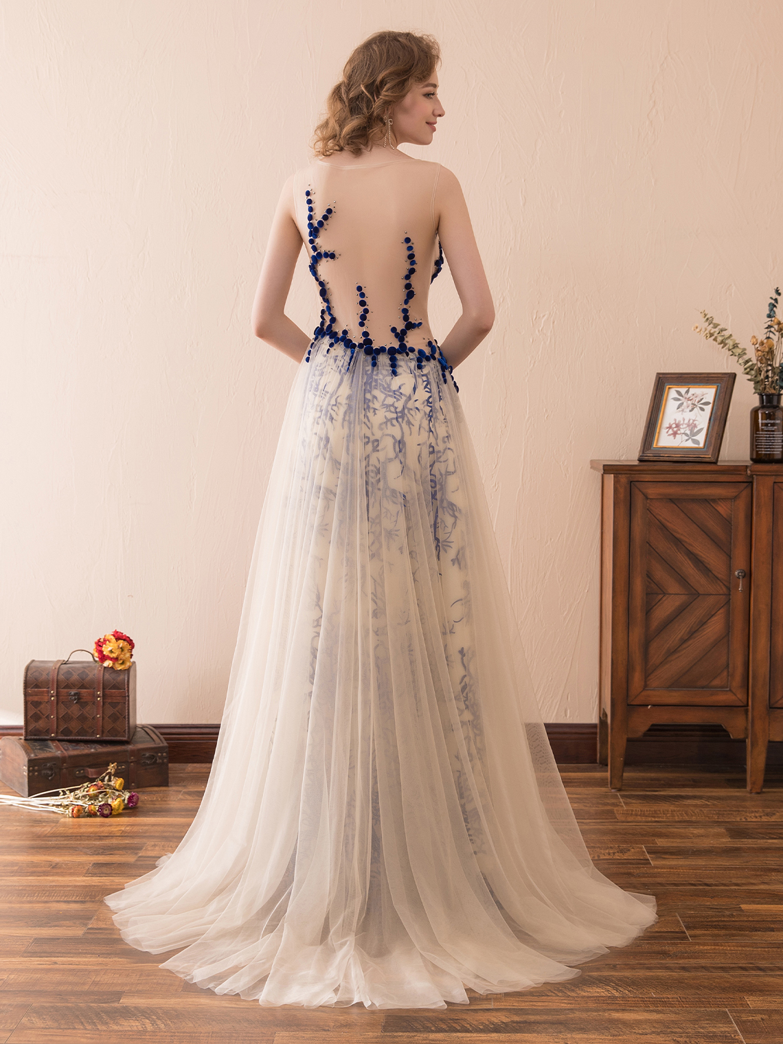 A-Line/Princess Illusion Sexy Prom Gown Tulle with Sequin Appliques