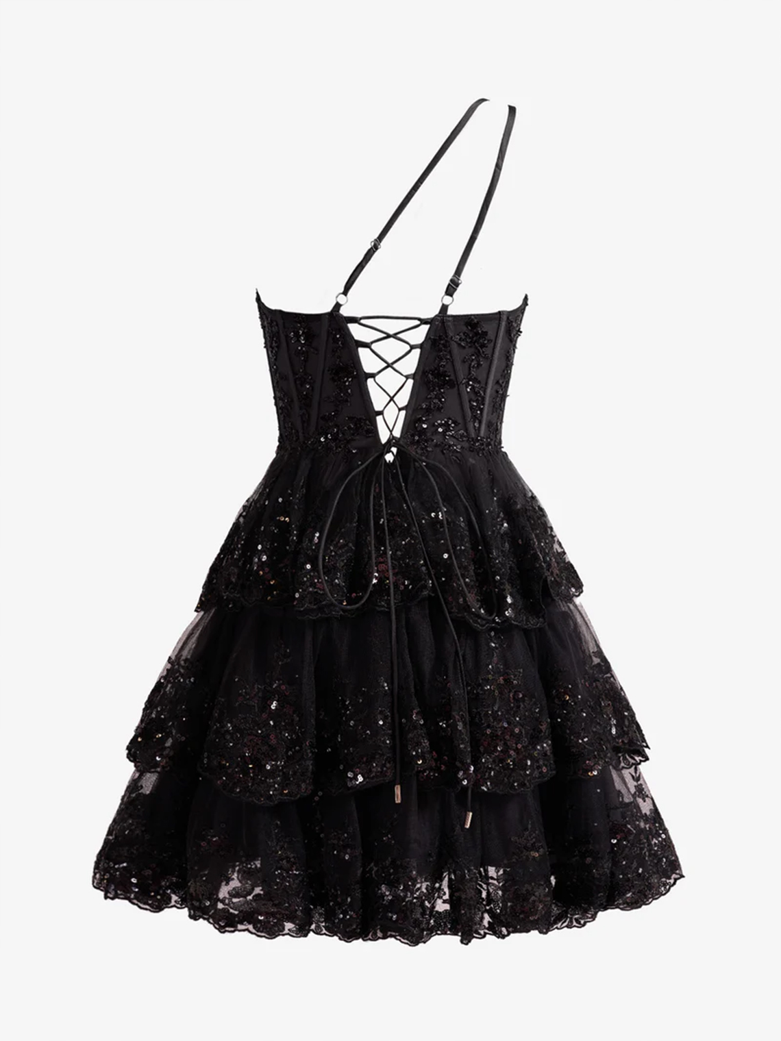 A-Line One Shoulder Navy Tiered Lace Short Homecoming Dress