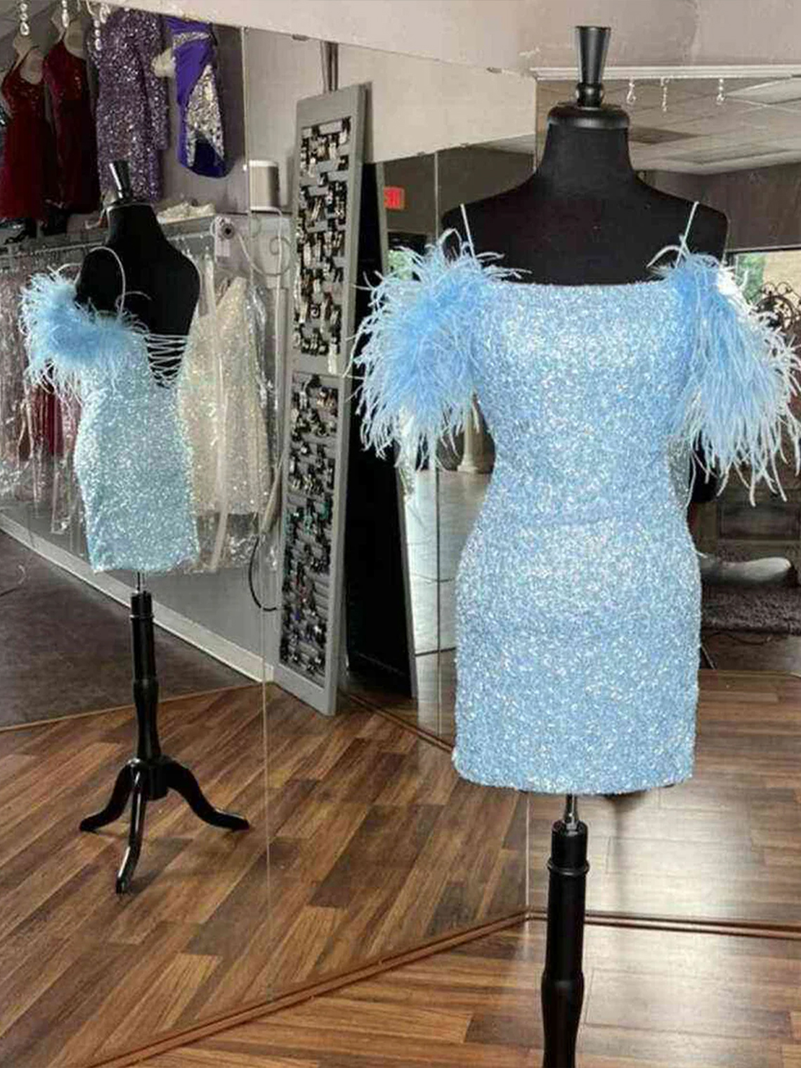 Sheath/Column Off the Shoulder Sequins Homecoming Dress with Feathers