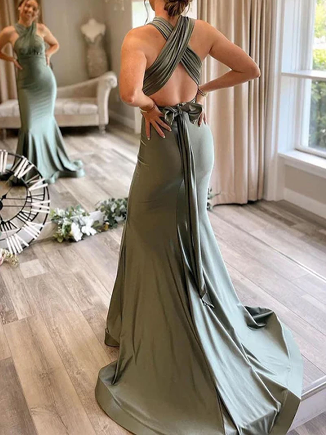 Mermaid Light Green Satin V Neck Convertible Bridesmaid Dress