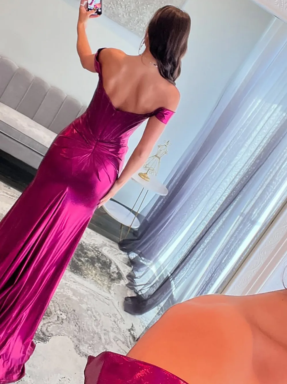 Off The Shoulder Mermaid Metallic right split Long Corset Prom Dress