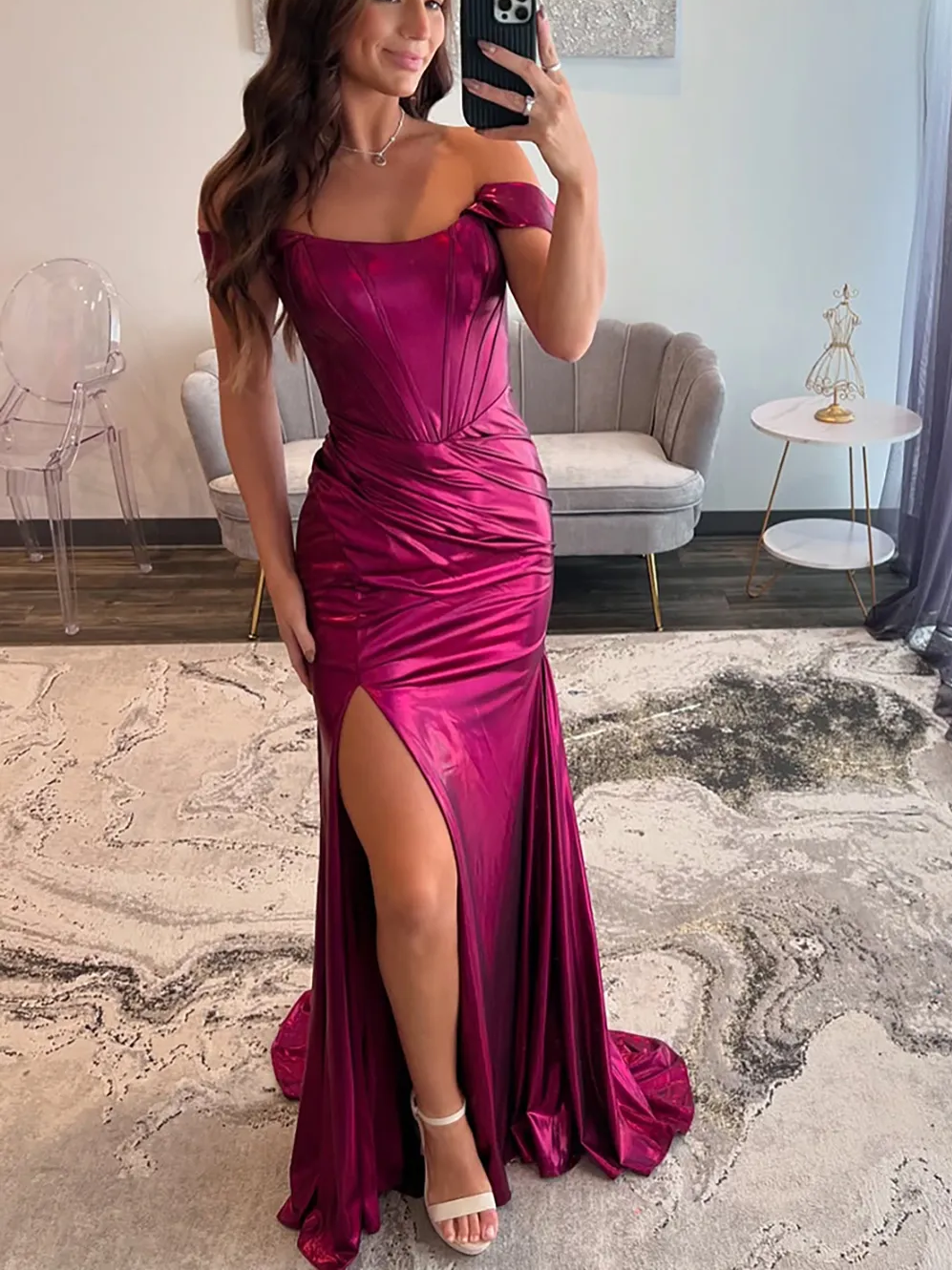 Off The Shoulder Mermaid Metallic right split Long Corset Prom Dress