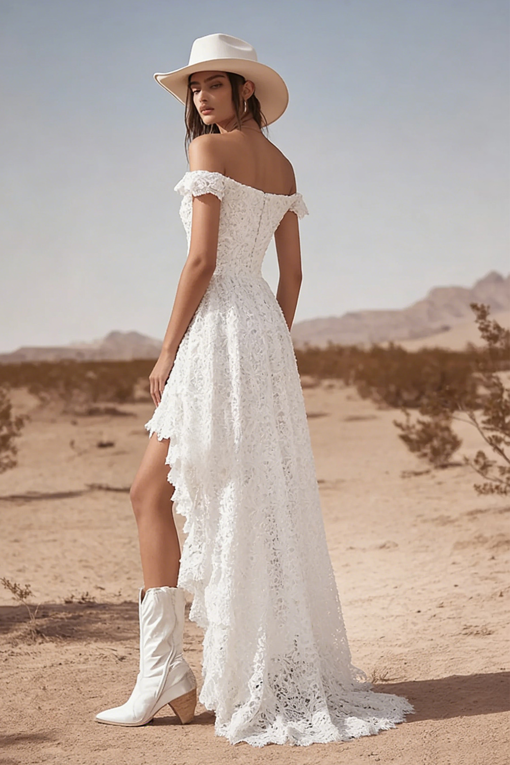 White Lace High-Low Off The Shoulder A Line Boho Maxi Dress, image 2