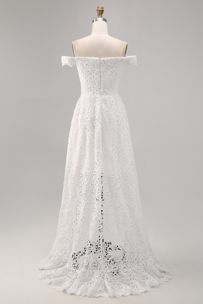 White Lace Off The Shoulder A Line High-Low Maxi Dress Wedding Dresses