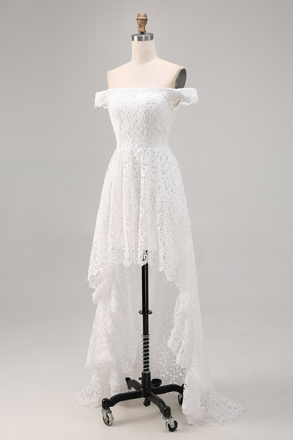 White Lace High-Low Off The Shoulder A Line Boho Maxi Dress, image 6