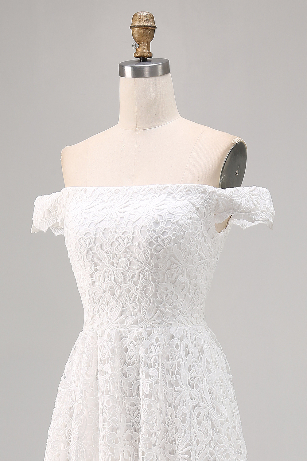 White Lace High-Low Off The Shoulder A Line Boho Maxi Dress, image 9