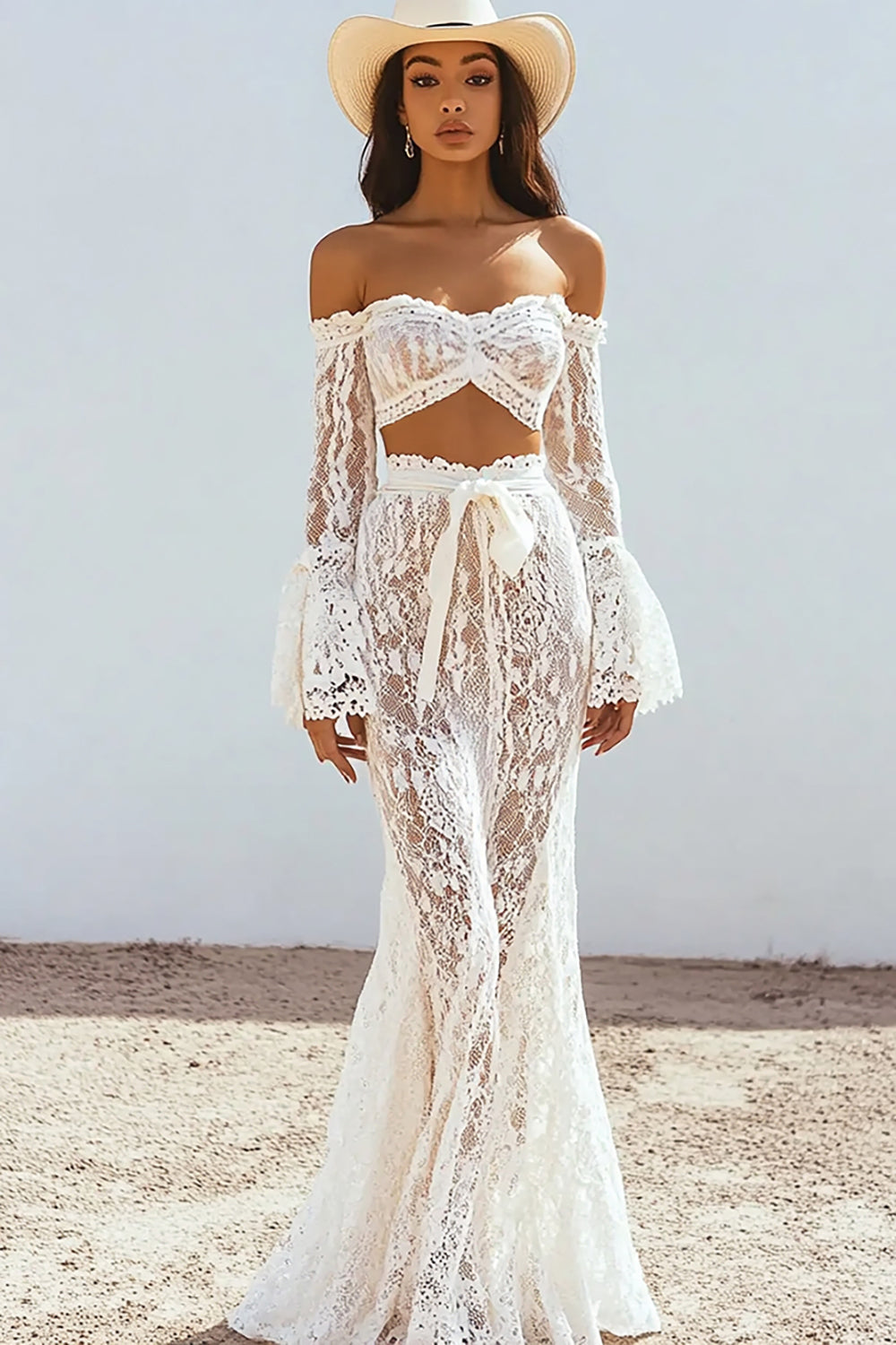 White Lace Two Piece Boho Maxi Dress with Sash, image 1